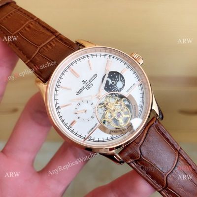Fake Jaeger LeCoultre Master Tourbillon Moonphase Watch Black Leather Band
